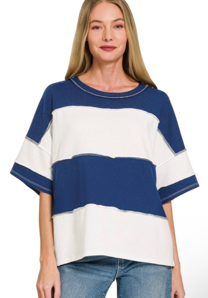 French Terry cloth color block exposed seam top