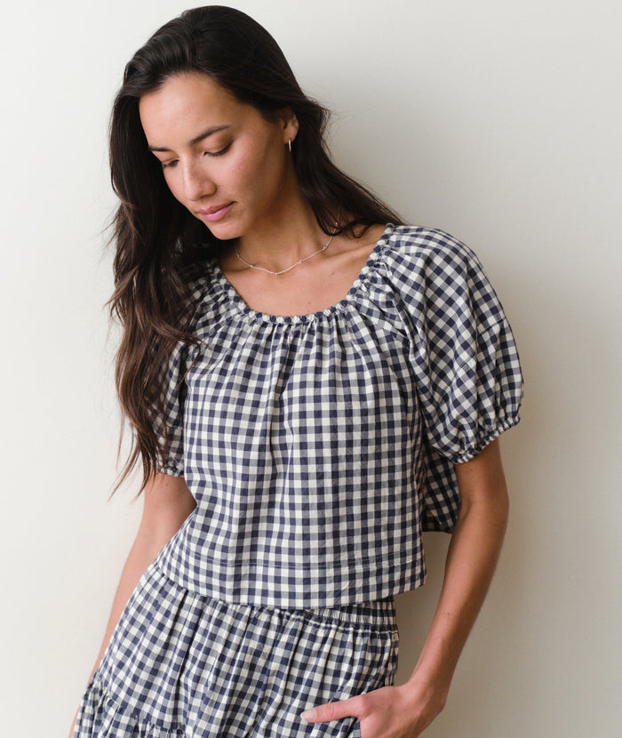 Gia Poplin Blouse - Navy Gingham