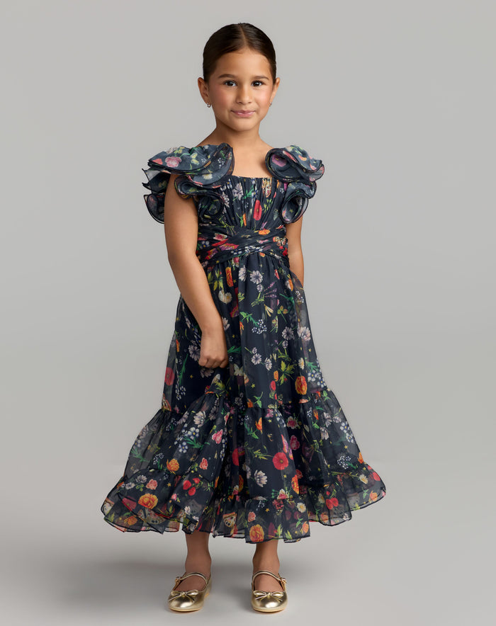 Girls Navy Floral Chiffon Ruffle Shoulder Dress - Mac Duggal