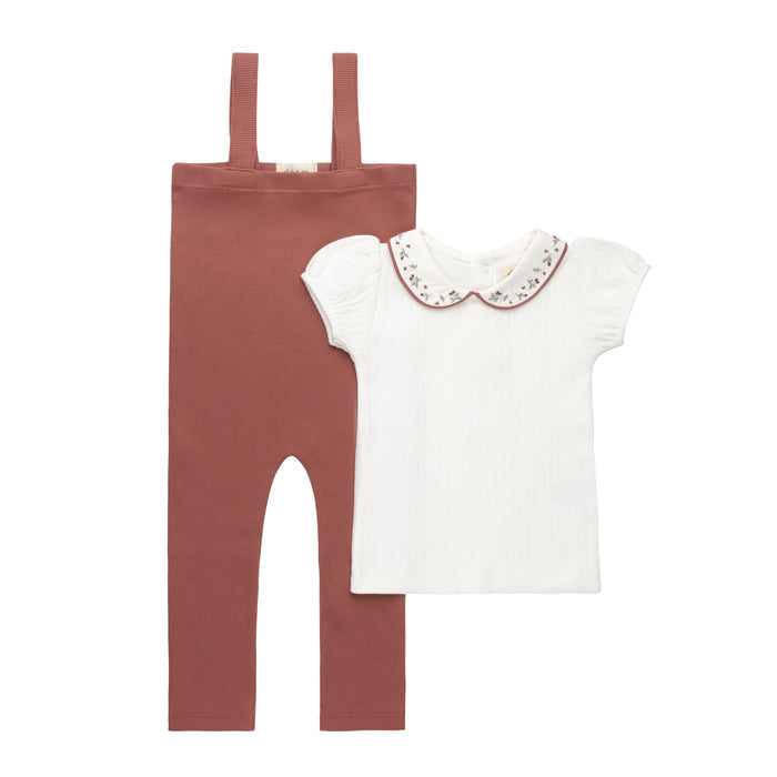Girls T-shirt and Overalls – Ivory Pink – Embroidered Collar