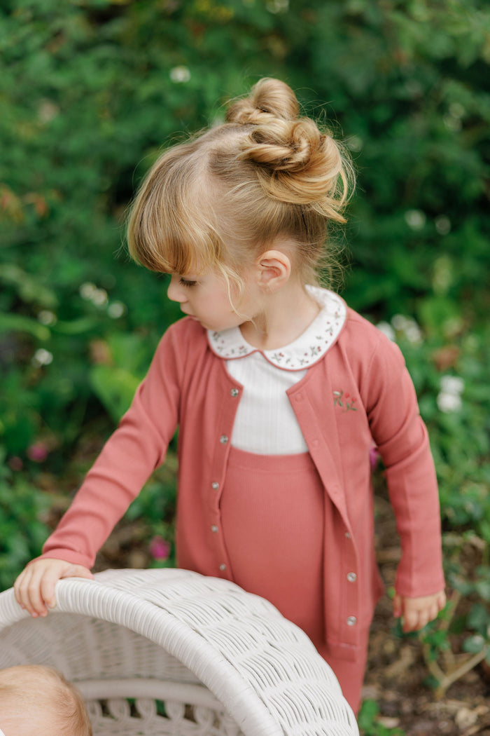 Girls T-shirt and Overalls – Ivory Pink – Embroidered Collar