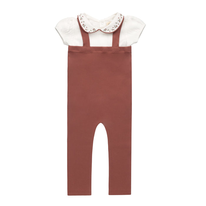 Girls T-shirt and Overalls – Ivory Pink – Embroidered Collar