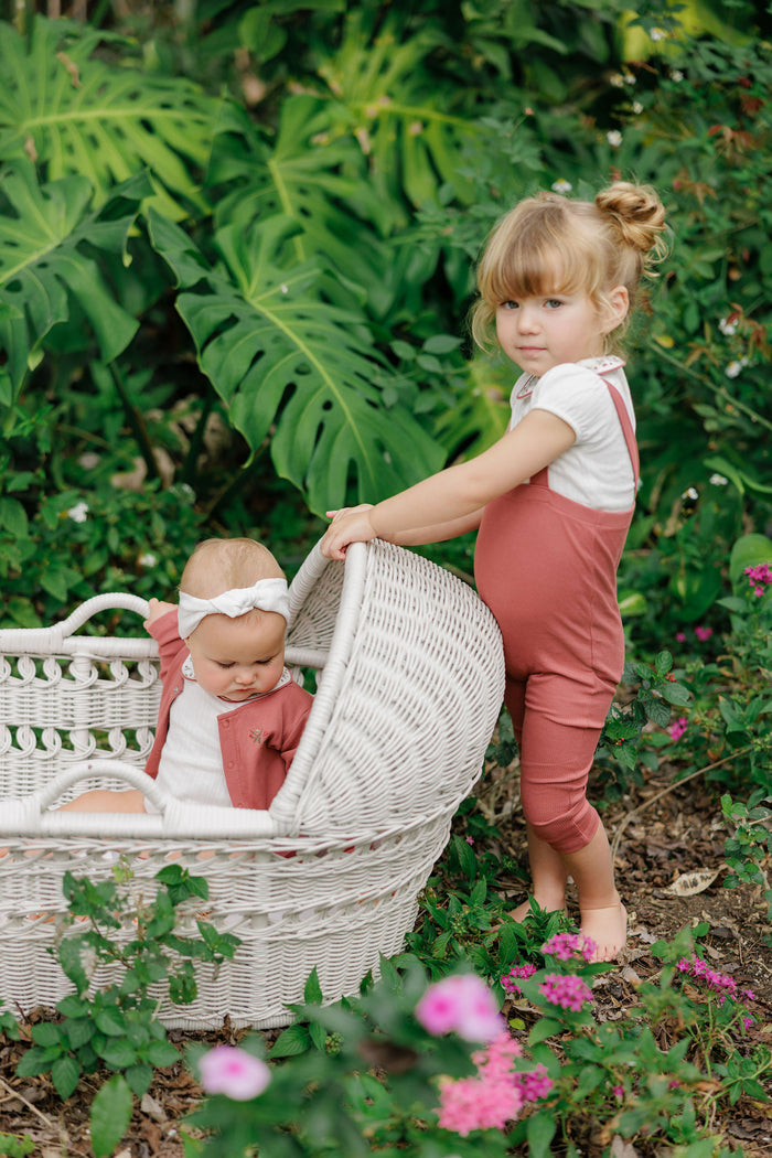Girls T-shirt and Overalls – Ivory Pink – Embroidered Collar