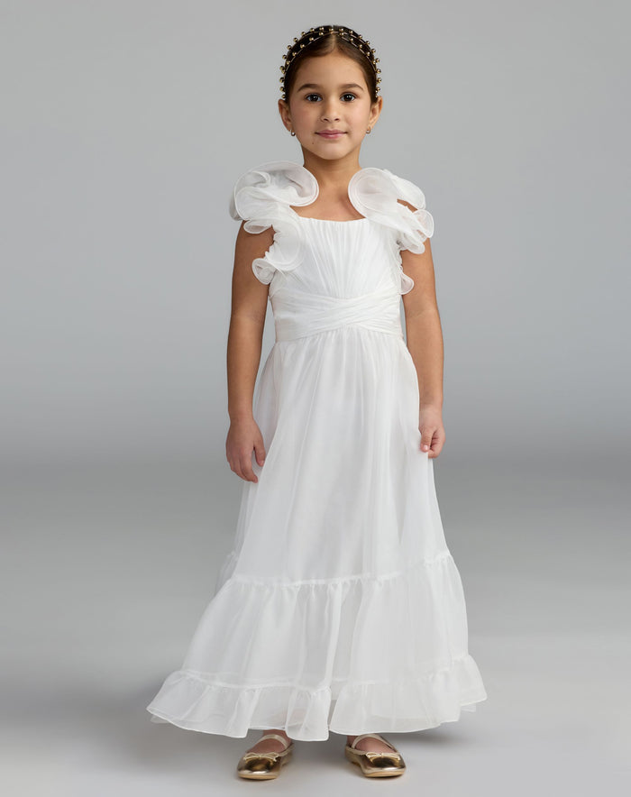 Girls White Chiffon Ruffle Shoulder Dress Mac Duggal