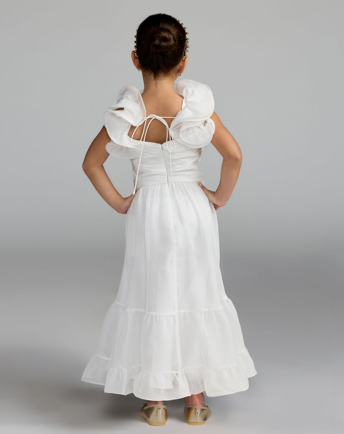 Girls White Chiffon Ruffle Shoulder Dress Mac Duggal