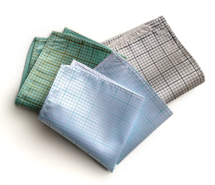 Graph Paper pocket square: light sky blue on white; moss on ice; steel on platinum.