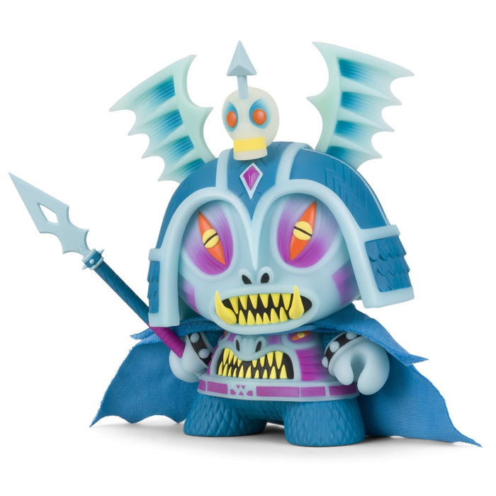 Harbinger 8-inch Dunny art figure by Martin Ontiveros in GID Blue Edition featuring detailed sculpt and vibrant glow-in-the-dark finish.