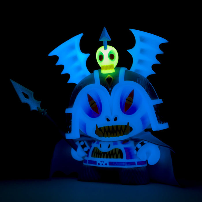 Harbinger 8-inch Dunny art figure by Martin Ontiveros in GID Blue Edition, featuring detailed design and vibrant glow-in-the-dark elements.