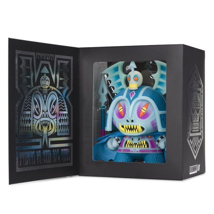 Harbinger 8-inch Dunny art figure by Martin Ontiveros in GID Blue Edition, showcasing detailed design and vibrant glow-in-the-dark features.