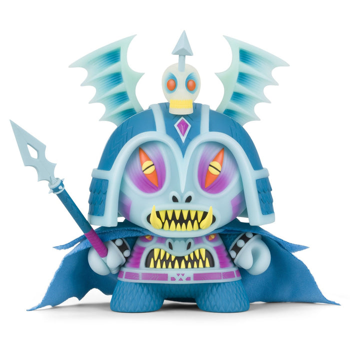 Harbinger 8-inch Dunny art figure by Martin Ontiveros in GID Blue Edition, featuring detailed design and vibrant glow-in-the-dark color.