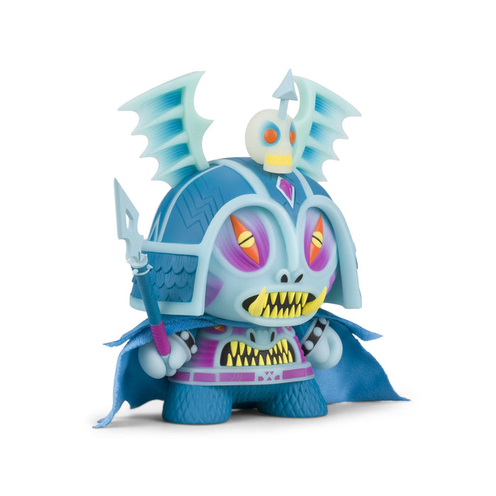 Harbinger 8-inch Dunny art figure by Martin Ontiveros in GID Blue Edition, featuring detailed design and vibrant glow-in-the-dark colors.