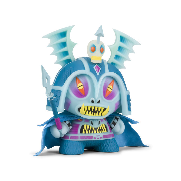 Harbinger 8-inch Dunny art figure by Martin Ontiveros in GID Blue Edition, featuring detailed design and vibrant glow-in-the-dark effects.