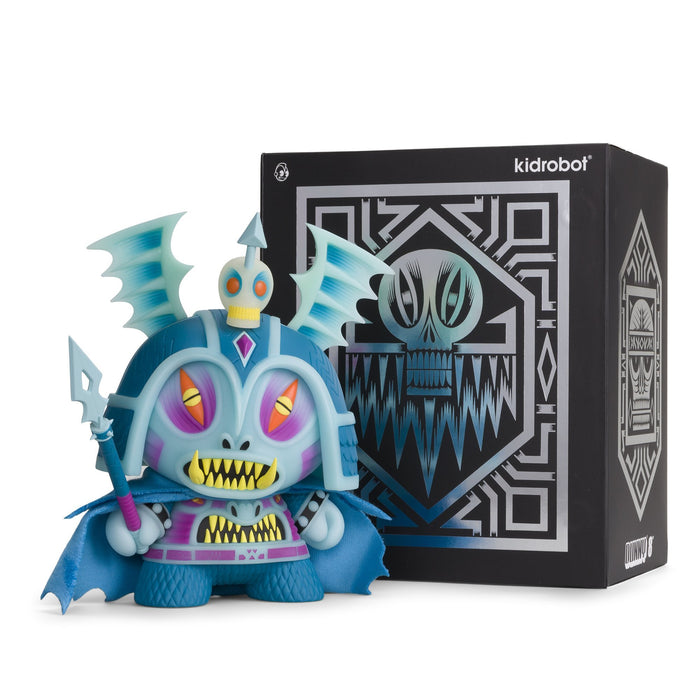 Harbinger 8-inch Dunny art figure by Martin Ontiveros in GID blue edition, featuring vibrant painted details and unique design.