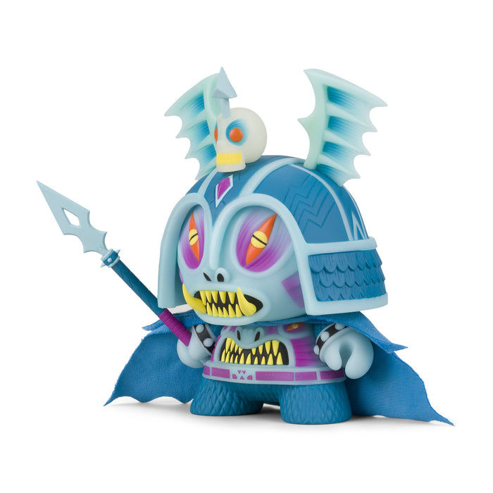 Harbinger 8-inch Dunny art figure by Martin Ontiveros in GID Blue Edition, featuring detailed sculpt and vibrant blue glow effect.