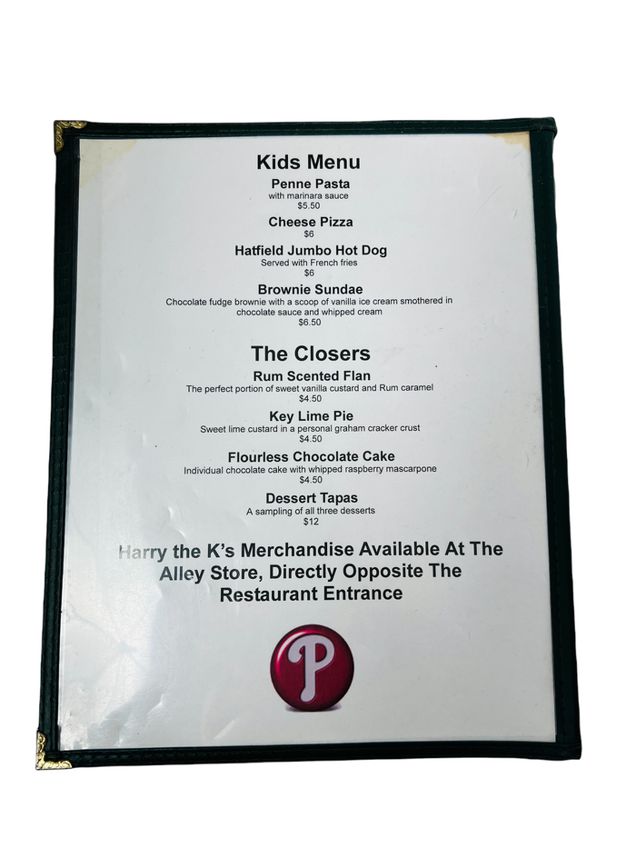 HARRY THE K'S PHILADELPHIA PHILLIES 2008 WORLD SERIES CITIZENS BANK PARK FOOD MENU