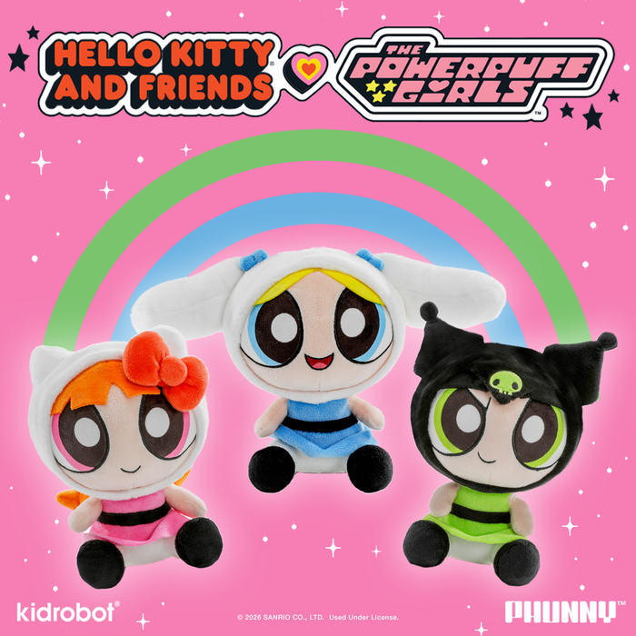 Sanrio Hello Kitty® and Friends x Powerpuff Girls plush bundle featuring Blossom as Hello Kitty®, Bubbles as Cinnamoroll™, and Buttercup as Kuromi™.