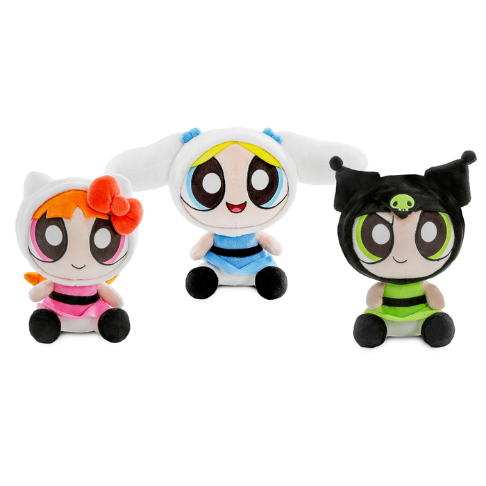 Sanrio Hello Kitty® and Friends x Powerpuff Girls plush bundle featuring Blossom, Bubbles, and Buttercup in soft, colorful plush.