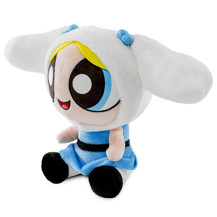 Hello Kitty and Powerpuff Girls Bubbles Phunny Plush by Sanrio featuring Bubbles as Cinnamoroll on a soft plush surface.