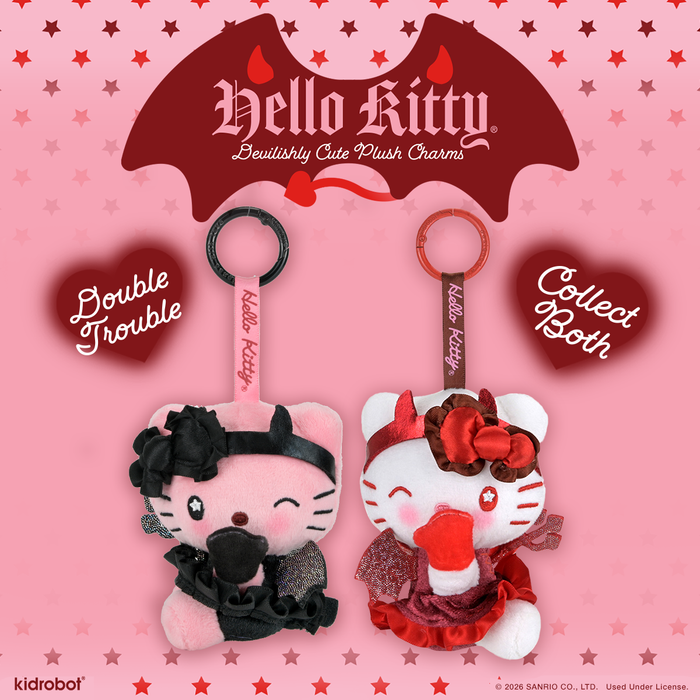 Sanrio Hello Kitty and Mimmy devilishly cute plush charm 2-pack bundle, featuring adorable plush characters from the SDCC debut.