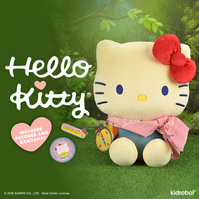 Large Hello Kitty® Camp Adventure plush toy by Sanrio, featuring Hello Kitty in camping gear with a friendly, soft appearance.