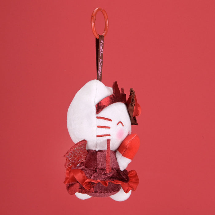Sanrio Hello Kitty devil plush charm, adorable SDCC debut collectible plush toy with cute devil horns and red accents.