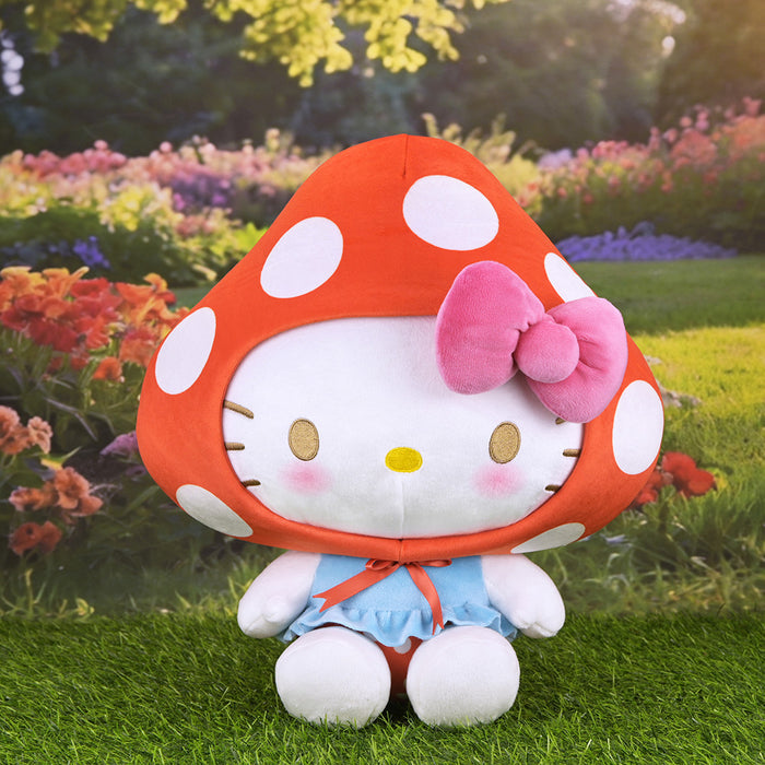 Large Hello Kitty mushroom plush by Sanrio featuring a soft pink plush body and adorable character face, perfect for cuddling.