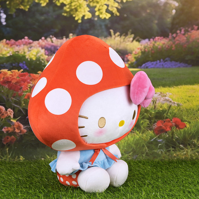 Large Hello Kitty® Mushroom plush toy by Sanrio featuring a cute Hello Kitty face and mushroom design on soft fabric.