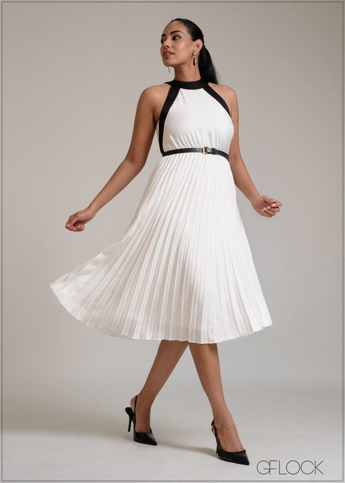 Sleeveless satin two tone pleated midi dress
