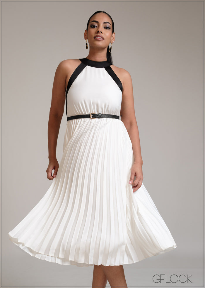 Sleeveless satin two tone pleated midi dress