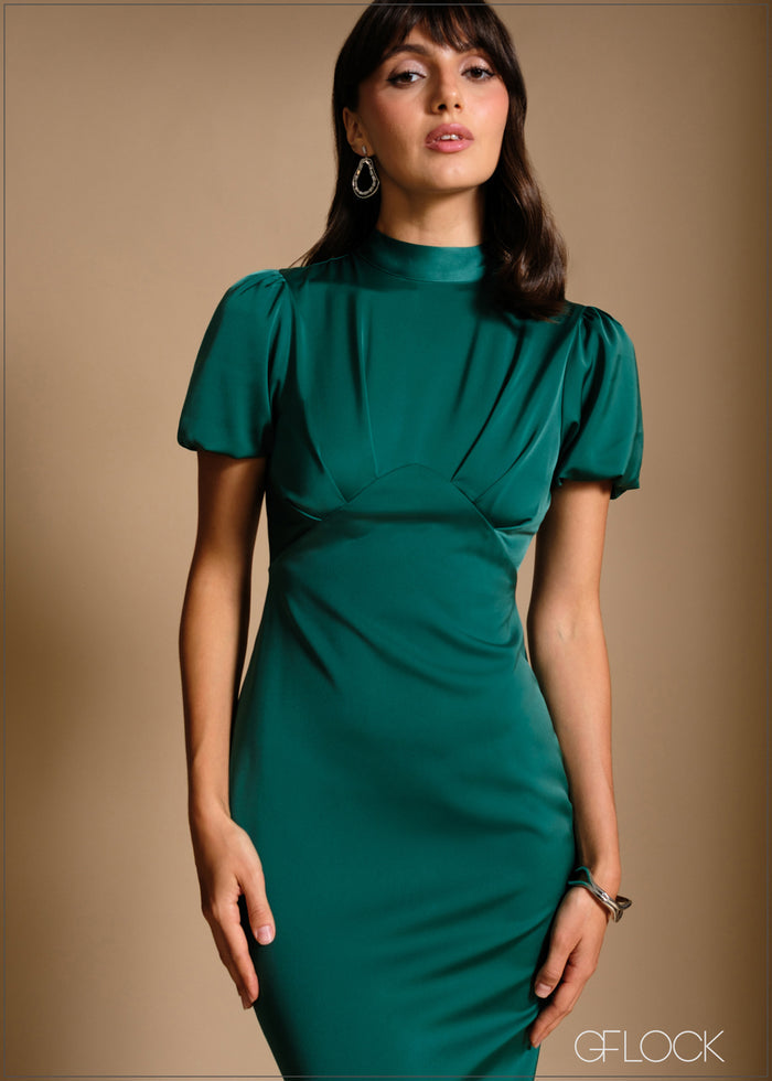 Gathered front high neck puff sleeve maxi dress