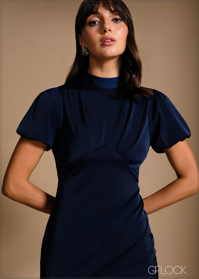 Gathered front high neck puff sleeve maxi dress