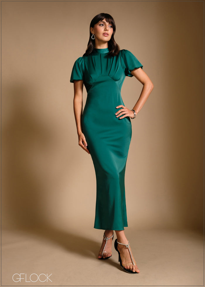 Gathered front high neck puff sleeve maxi dress