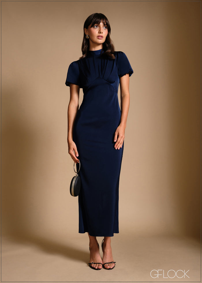 Gathered front high neck puff sleeve maxi dress