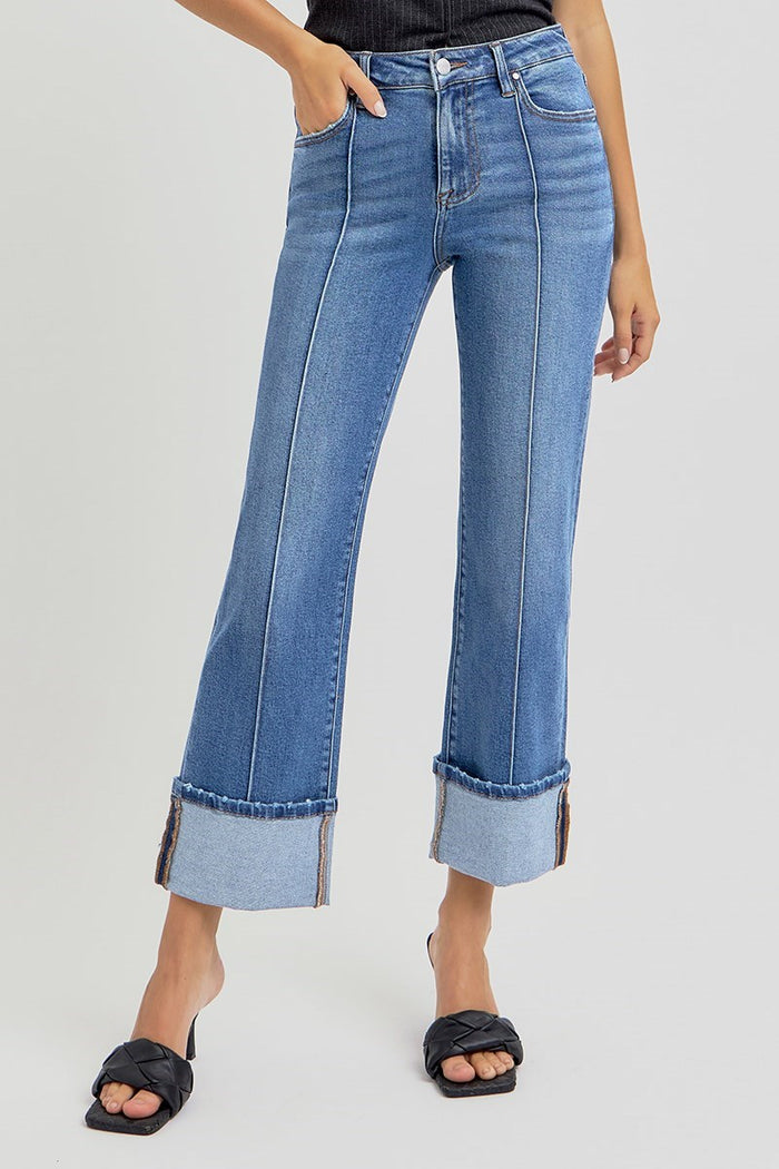 High Rise Ankle Straight-Wide Cuffed Jeans