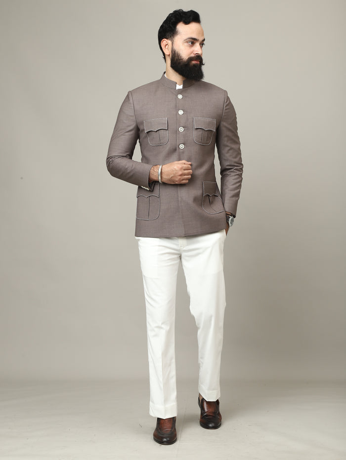 Imperial Mocha Hunting Bandhgala with Signature Pocket Detailing