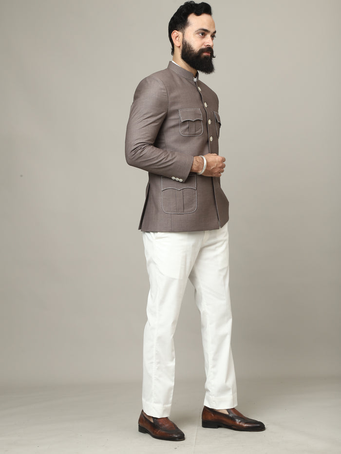 Imperial Mocha Hunting Bandhgala with Signature Pocket Detailing
