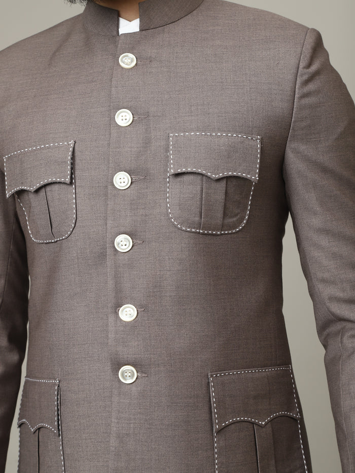 Imperial Mocha Hunting Bandhgala with Signature Pocket Detailing