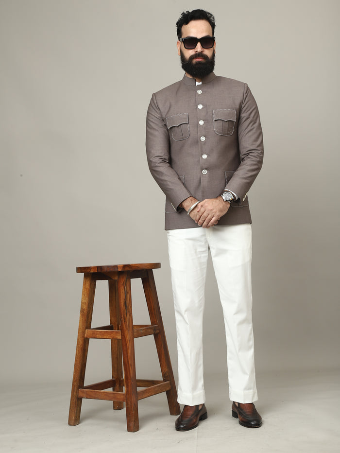 Imperial Mocha Hunting Bandhgala with Signature Pocket Detailing