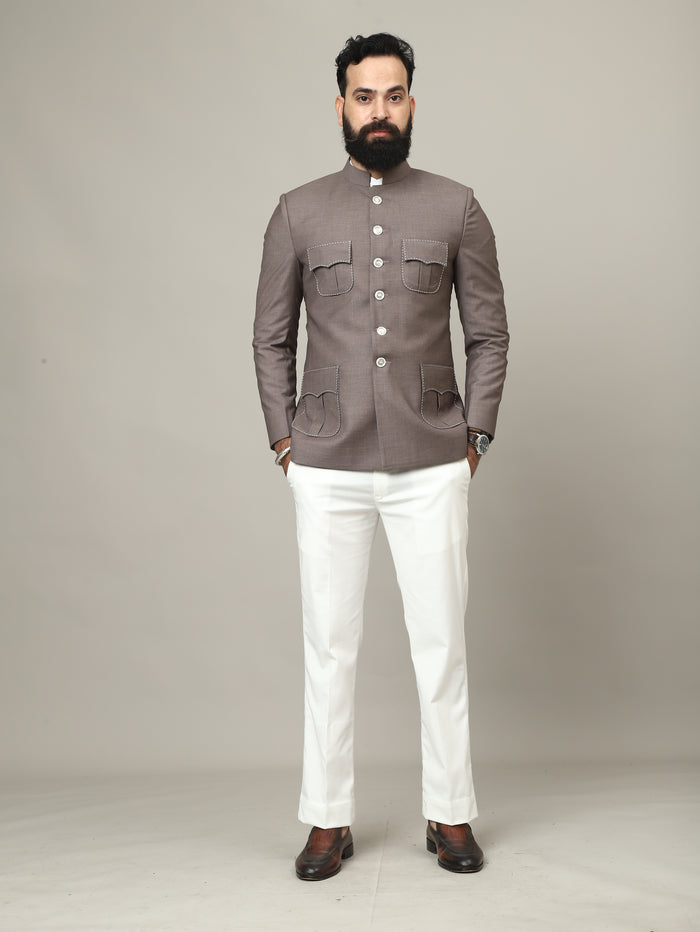 Imperial Mocha Hunting Bandhgala with Signature Pocket Detailing