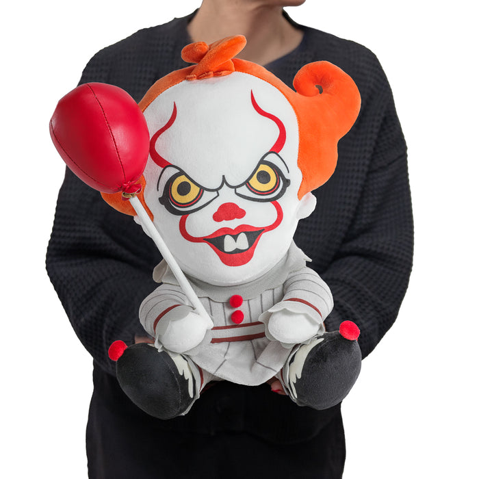 Large IT Pennywise plush toy with balloon, featuring shake action and soft hug-me design, from the IT Welcome to Derry collection.