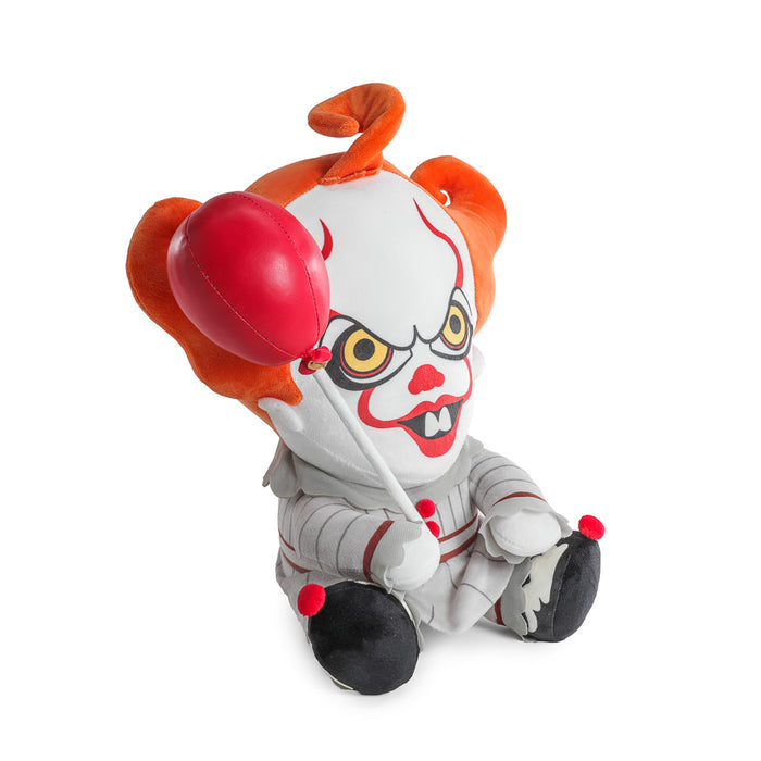 Large plush Pennywise from IT with balloon, featuring shake action, soft hug-me design, and vibrant clown costume details.