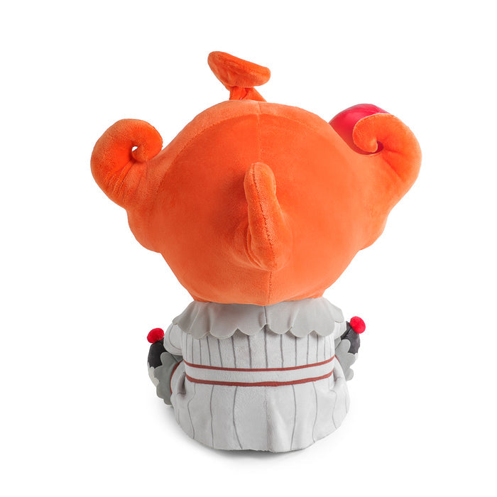 Large IT Pennywise plush with balloon, featuring a shake action and detailed clown costume, perfect for horror fans.