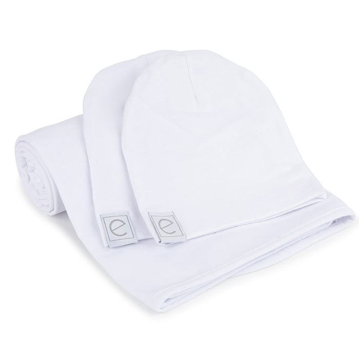 Jersey Knit White Cotton Swaddle Blanket and Beanie Gift Set