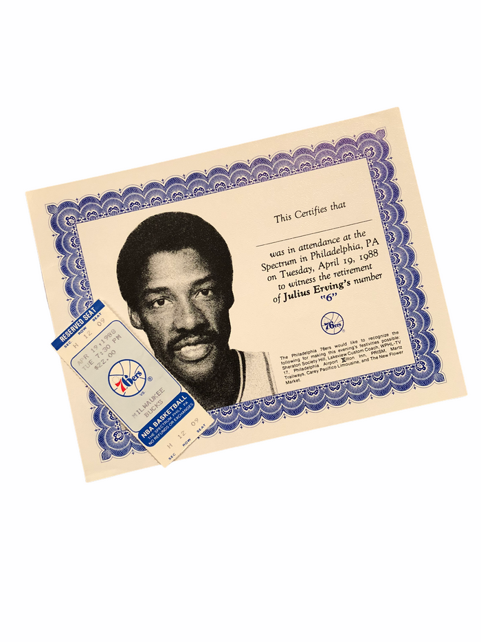 JULIUS ERVING DR. J PHILADELPHIA SIXERS 1988 #6 RETIREMENT SPECTRUM COMMEMORATIVE TICKET & CERTIFICATE