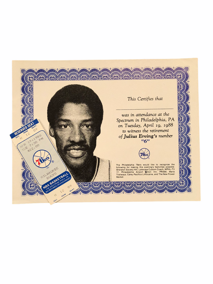JULIUS ERVING DR. J PHILADELPHIA SIXERS 1988 #6 RETIREMENT SPECTRUM COMMEMORATIVE TICKET & CERTIFICATE