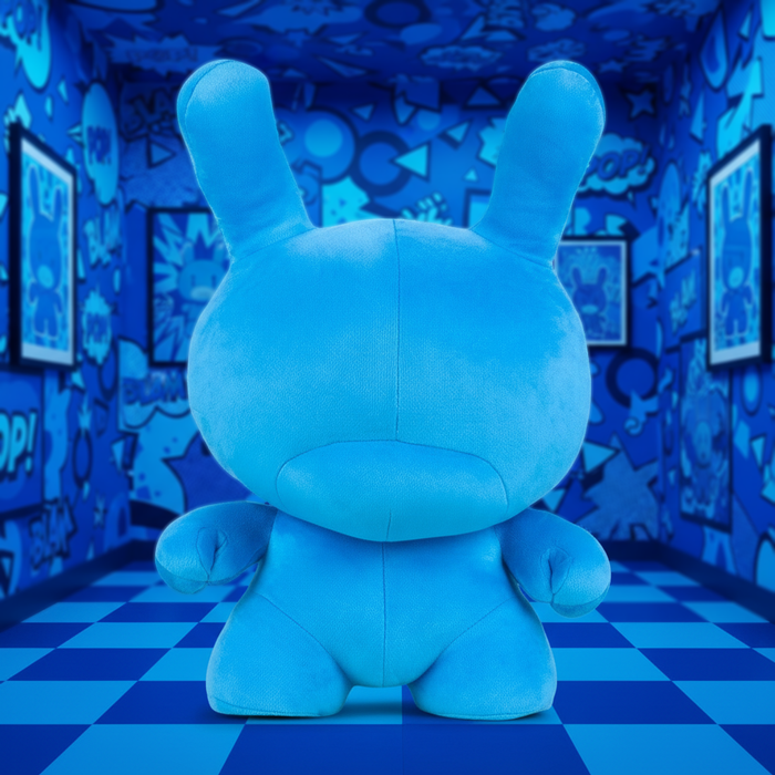 Kidrobot Cyan Dunny 20-inch plush art toy with vibrant blue and white design, soft and huggable for collectors and kids.