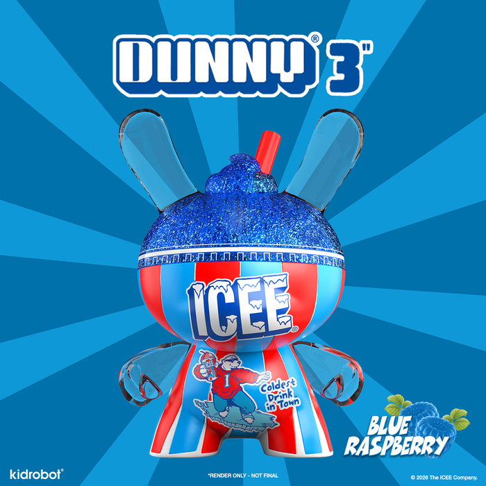 Blue Raspberry ICEE Kidrobot Dunny art figure, 3-inch resin collectible inspired by ICEE brand, debut at SDCC.