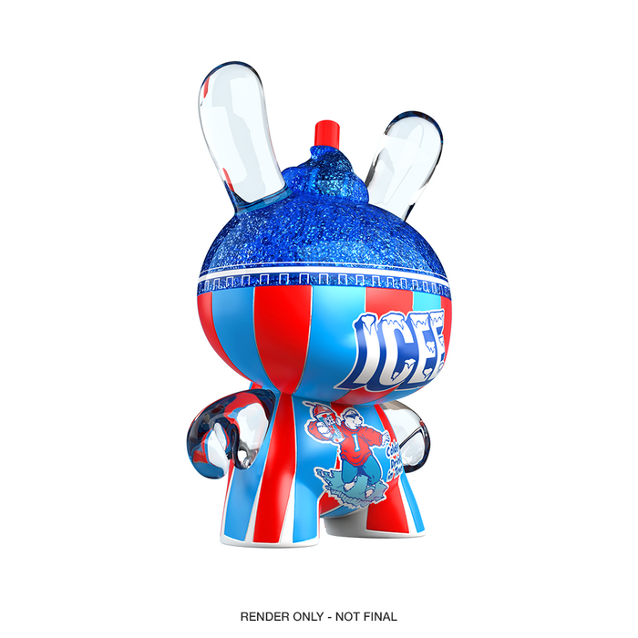 Blue Raspberry ICEE Kidrobot Dunny art figure, a 3-inch resin collectible with vibrant blue and red design, SDCC debut.