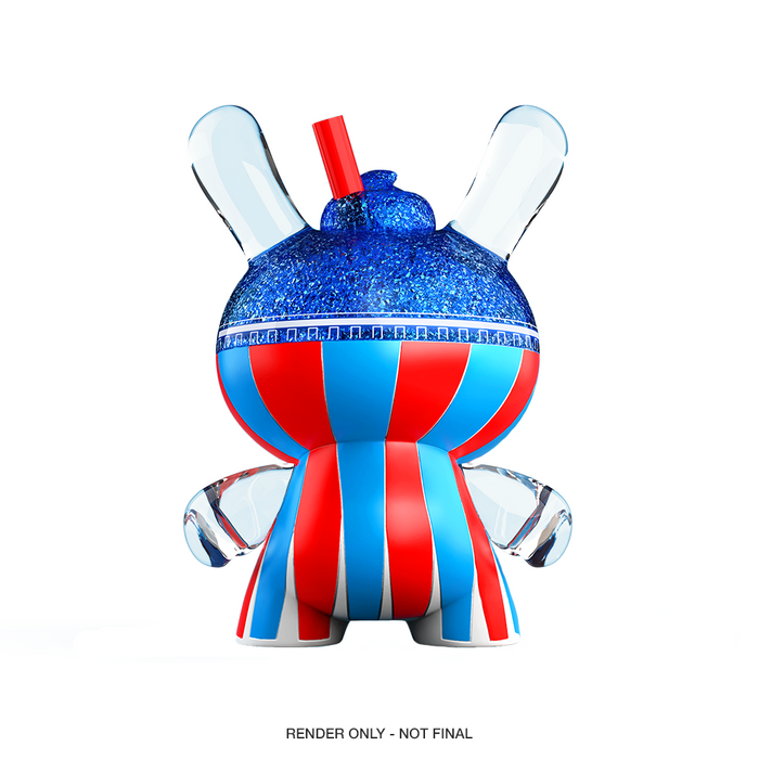 Kidrobot ICEE Blue Raspberry 3-inch resin Dunny art figure, featuring vibrant blue and red design, debut at SDCC.