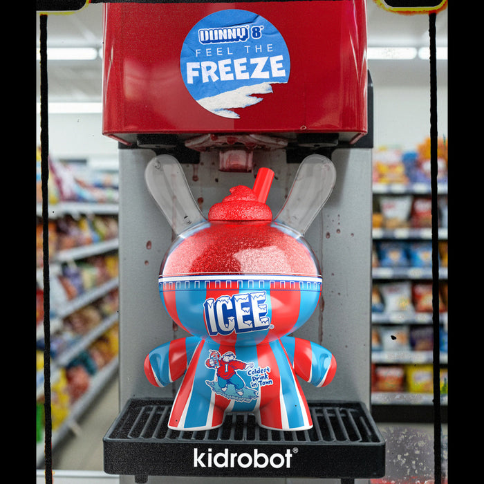 Kidrobot ICEE Cherry Dunny art figure, 8-inch collectible toy featuring bright cherry-red and white design, pre-order available.